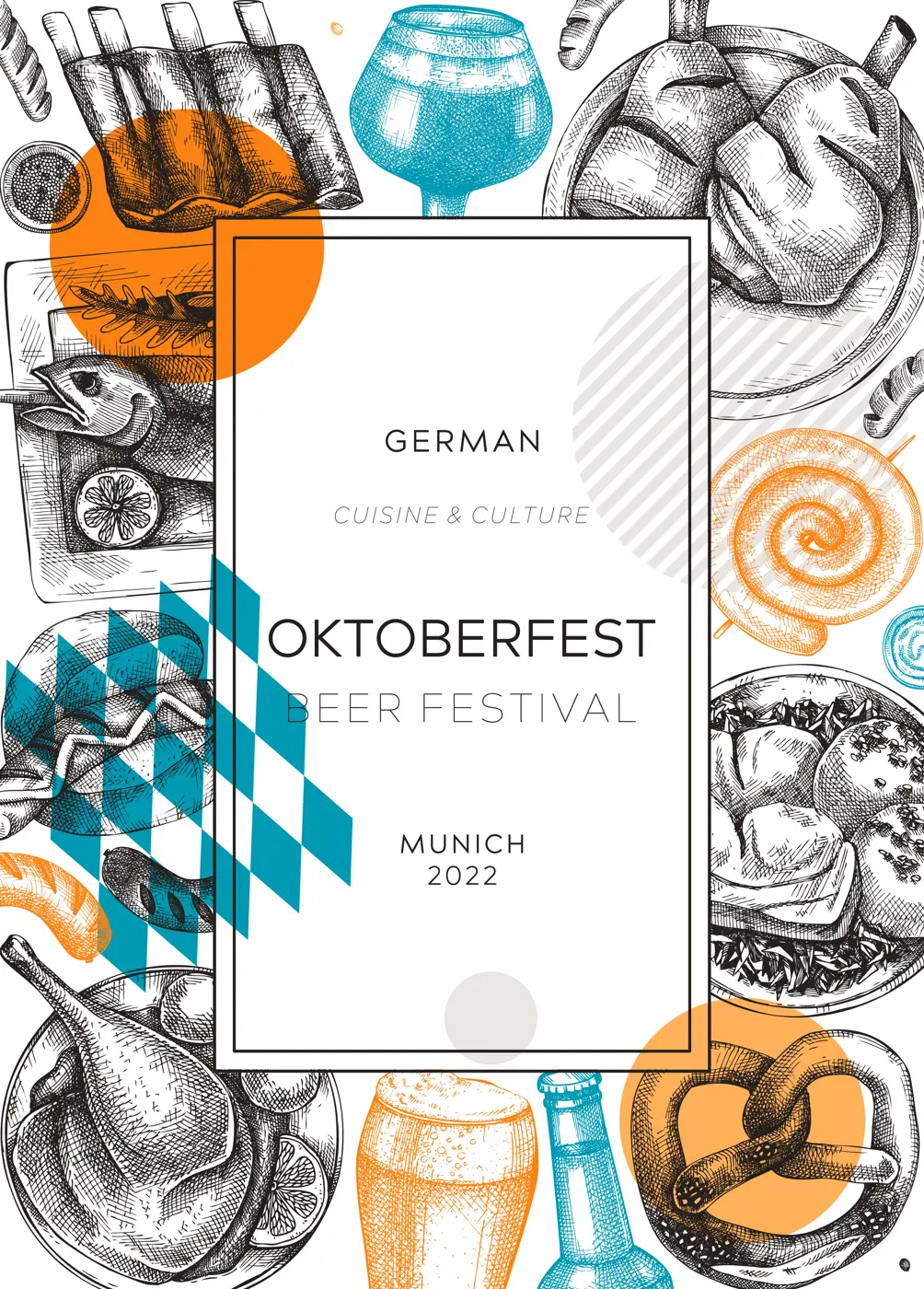 Oktoberfest background. Beer festival wreath in collage style. German food and drinks menu design. Vector meat dishes sketches. German cuisine vintage frame. Oktoberfest party card or invitation Illustration